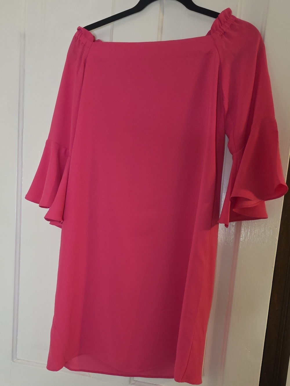 Trina Turk Hot Pink Ruffle Sleeve Off The Shoulder Shift Dress